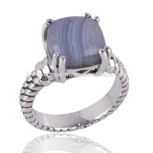 Blauer Spitze-Achat glänzender Stein u. Sterlingsilber-Zinkensatz Einfacher silberner Ring